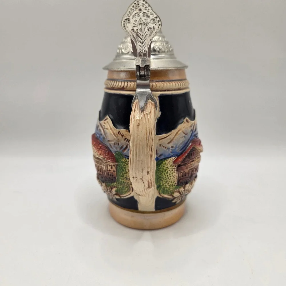 Salzburg Austria Beer Stein Lidded Pewter Cobalt Blue Relief Edelweiss Alps Mug